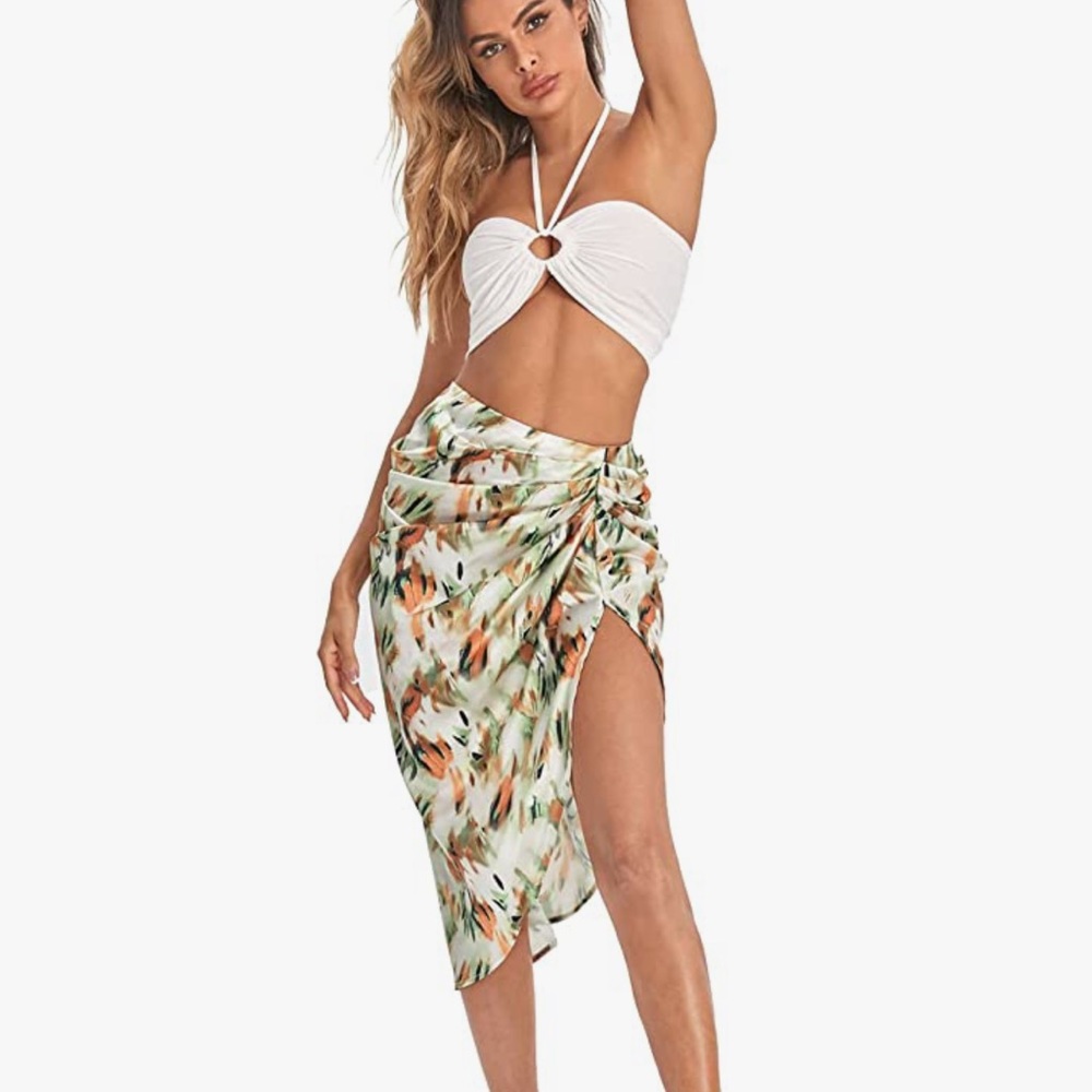NWT Floerns Boho Floral Print Split Thigh Satin Ruched Midi Skirt